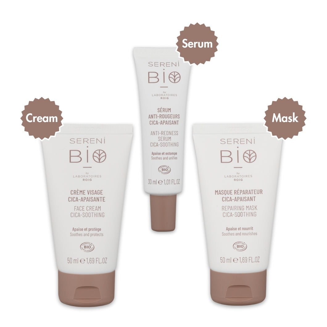 【Soothing Face Care Set】SERENI BIO Trio for Sensitive Skin | Organic Anti-Redness Serum, CICA Face Cream & Repairing Mask